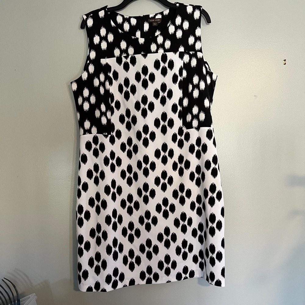 Voir Voir Womens Ikat Polka Dot Shift Dress Black White Sleeveless Size 14 Mod